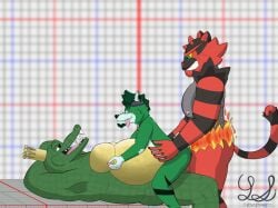 andromorph anthro ass bandana bandanna_on_forehead blush blush_lines canid canine canis cuntboy donkey_kong_(series) ear_piercing enjoying fire_belt flirting_look fur generation_7_pokemon genitals grabbing_from_behind green_body green_fur group hi_res incineroar intersex jewelry k_rool kerchief kremling lying male male/male mammal necklace nintendo nipple_fetish nipple_play nipples nude penetration penile penile_penetration penis_in_pussy piercing pokemon pokemon_(species) pussy scalie smile super_smash_bros. teeth tongue tongue_out training training_room trio vaginal_penetration wolf yose_stones yose_stones_(character)