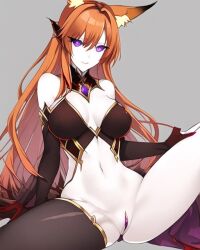 arelyx_the_fox covered_nipples covering_breasts female female_only fox_ears fox_girl ginger gold_(metal) image legs_apart one_thighhigh pale-skinned_female pale_skin purple_eyes pussy solo solo_female tagme thighhighs thighs