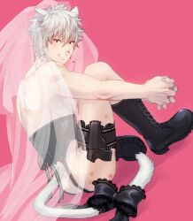 alternate_costume animal_ears bite_mark bite_marks blood boots bridal_veil cat_ears cat_tail catboy corset full_body garter garter_straps gintama gintoki_sakata grin gun hickey hickey_marks kemonomimi lace looking_at_viewer looking_back male male_only nosebleed pale-skinned_male pale_skin pink_background sitting smile solo tttttengo weapon wedding_veil white_hair