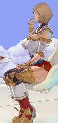 akr ashelia_b'nargin_dalmasca big_breasts breasts brown_hair drinking final_fantasy final_fantasy_xii hips huge_breasts huge_hips huge_thighs large_breasts princess short_skirt sitting skirt teacup thick_thighs thighs wide_hips