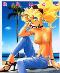 1girls beach bikini blonde_hair blue_eyes bow breasts choker dark-skinned_female dark_skin female high_heels jeans large_breasts long_hair mihoshi_kuramitsu navel nude_filter open_shoes palm_tree photoshop pointy_ears ponytail sandals shoes side-tie_bikini sitting smile swimsuit tan tenchi_muyo! tied_hair topless tree unbuttoned unzipped