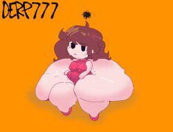 alternate_color brown_hair derp777 edit edited fat friday_night_funkin frustrated frustration_cloud girlfriend_(friday_night_funkin) heels moonoatmeal orange_background red_dress red_shoes sweat tagme thunder_thighs visible_nipples