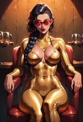 1girls ai_generated bodysuit gold latex league_of_legends shiny shiny_skin smoke600 stable_diffusion sunglasses tinted_eyewear vayne