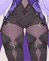 belt belt_buckle black_belt black_pantyhose black_swan_(honkai:_star_rail) buckle close-up clothed covered_navel dress female hair_spread_out highres honkai:_star_rail honkai_(series) liniora long_hair navel pantyhose pantyhose_under_shorts purple_dress purple_hair shorts solo thigh_gap thighhighs very_long_hair wide_hips