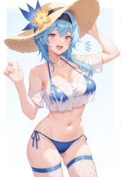 1girls ai ai_generated alternate_costume belly_button big_breasts bikini blue_bikini blue_hair bra day eula_(genshin_impact) female female_focus female_only fishnet fishnet_thighhighs genshin_impact hat high_resolution highres hourglass_figure hoyoverse light-skinned_female light_skin looking_at_viewer mature mature_female mihoyo open_mouth outdoors see-through_clothing short_hair smiling smiling_at_viewer solo solo_female solo_focus standing stockings summer summer_hat swimsuit thong thong_bikini two_piece_swimsuit wet wet_body wet_shirt