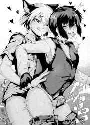 2boys absurdres ahe_gao anal animal_ears black_hair blonde_hair blush cat_boy cat_ears clothes_pull delta_9 greyscale hellsing highres holding_another's_wrist monochrome multiple_boys pants pants_pull penis saliva schrodinger sex skinny sweat tongue tongue_out uniform walter_c._dornez yaoi young