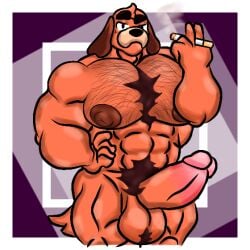 1boy 5_fingers animal_genitalia animal_penis balls bara bara_tiddies big_muscles big_nipples big_pecs brawl_stars cigar cigarette cocokun! colonel_ruffs dog male male_focus male_only muscular muscular_male naked overly_muscular penis ruffs smoking