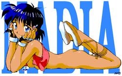 1girls 4bpp 90s artist_request ass bare_shoulders blue_eyes bob_cut breasts character_name curvaceous dark-skinned_female dark_skin female fushigi_no_umi_no_nadia gainax gif gloves hair_ornament hairclip human jewelry large_breasts nadia_la_arwall nude_filter photoshop princess purple_hair short_hair solo static_gif vest