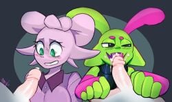 4_pupils alien black_eyes blowjob cum cum_in_mouth cum_on_face cum_on_tongue ejaculation eyebrows green_antennae green_ears green_skin open_mouth phrenpai pink_antennae pink_eyebrows pink_gloves pink_mouth smile sploot_(unknownspy) sucking sucking_penis turtleneck white_pupils