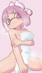 bare_arms bare_shoulders bare_thighs blush cleavage embarrassed embarrassed_nude_female inkling inkling_girl legs_apart legs_spread looking_at_viewer naked naked_towel nintendo nude pink_eyes pink_hair pointy_ears sideboob small_towel splatoon towel_only wavy_mouth whichdoll