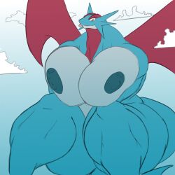 blue_body blue_skin breast_squeeze breasts brown_eyes cloud dragon female hands_between_legs hi_res kosmonius macro muscular mythological_creature mythological_scalie mythology nintendo nipples non-mammal_nipples nude pokemon pokemon_(species) red_wings salamence scalie seth65 sky smile squeezing tongue tongue_out wings