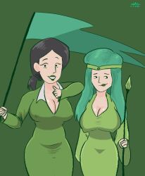 16personalities 2females 2girls big_ass big_breasts big_butt big_hips bust busty busty_female enfj enfj_female female first_porn_of_character flag green_background green_clothes green_clothing green_flag green_hair infj infj_female revealing_breasts revealing_nipples slickflipper staff