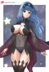 1girls alternate_costume alternate_hairstyle ass_visible_through_thighs bangs bare_thighs black_panties blue_hair bodystocking breasts brown_eyes cape cleavage cosplay covered_navel female female_only fire_emblem fire_emblem:_three_houses fire_emblem_fates fire_emblem_warriors:_three_hopes hairband hayato_stuff large_breasts light_blue_hair long_hair looking_at_viewer marianne_von_edmund nintendo nyx_(fire_emblem)_(cosplay) official_alternate_hairstyle panties sidelocks smile solo star thighhighs thighs underwear