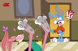 anatid anseriform anthro avian babs_bunny bird blue_body blue_fur buster_bunny clothing dinosaur female fur group hamton_j_pig hoodie jk lagomorph leporid long_ears male mammal ntr rabbit surprised_look tiny_toon_adventures tiny_toons_looniversity topwear trio walk-in warner_brothers