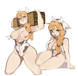 1girls alex_(minecraft) breasts cow_print female female_only green_eyes high_resolution large_breasts minecraft orange_hair samma9 solo thighs very_high_resolution white_background wide_hips