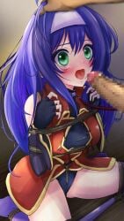 1boy 1girls black_panties blue_hair bondage captured censored female_focus femsub fire_emblem fire_emblem:_path_of_radiance fire_emblem:_radiant_dawn green_eyes imminent_irrumatio imminent_oral imminent_rape imminent_sex kneeling maledom medium_breasts mia_(fire_emblem) nintendo panties penis rape restrained thighs uncontroldelusioner upskirt