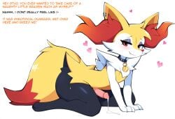 ai_generated anthro aroused balls big_ass big_butt blush bodily_fluids braixen canid collar cum digital_media_(artwork) ear_piercing erection femboy feminine_male feminization fur generation_6_pokemon genital_fluids genitals girly heart hellsonger hi_res humanoid_genitalia humanoid_penis inner_ear_fluff jewelry looking_at_viewer male mammal nintendo penis piercing pokemon pokemon_(species) precum red_eyes simple_background smile smug solo solo_male text thick_thighs trap tuft white_background white_body white_fur wide_hips yellow_body yellow_fur