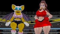 2girls 3d 3d_(artwork) anthro anthro/human arena bat_wings big_breasts big_thighs blue_eyes blue_eyeshadow boxing boxing_gloves boxing_ring breasts brown_hair cleavage crossover curvy duo earrings eyeshadow female female_only fighting_ring furry gloves huge_breasts huge_thighs human human/anthro large_breasts large_thighs light-skinned_female light_skin lips lipstick long_hair looking_at_viewer looking_back makeup mario_(series) midriff nintendo pauline pink_lipstick purple_eyeshadow red_boxing_gloves red_gloves red_lipstick rngsucks rouge_the_bat sega shorts skirt sonic_(series) sonic_the_hedgehog_(series) sports_bra thick thick_thighs thighs white_boxing_gloves white_gloves white_hair wide_hips wings yellow_skin