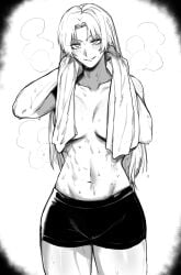 belly blonde_hair blush breasts breasts_out jujutsu_kaisen manga masoq095 shorts sweat sweatdrop thick_thighs thighs towel towel_around_neck yuki_tsukumo