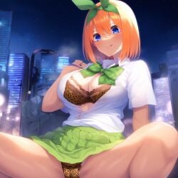 1girls ai_generated bag blue_eyes bow bra breasts cleavage go-toubun_no_hanayome green_skirt homupanty leopard_print leopard_print_bra leopard_print_panties looking_at_viewer nakano_yotsuba open_clothes orange_hair panties school_uniform short_hair skirt solo solo_female solo_focus spread_legs tongue tongue_out unbuttoned underwear