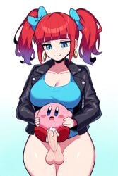 ai_generated anal anal_sex blue_eyes blue_hair_ribbon chopped_bangs cum cum_drip futanari goth goth_futa goth_girl goth_mommy hoop_earrings izzyredlove_(oc) kirby kirby_(series) large_breasts leather_jacket original original_character pale-skinned_futanari pale_skin red_hair sex twintails twintails_(hairstyle)