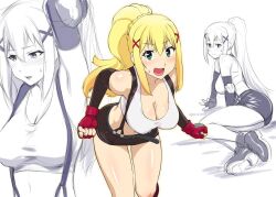 1girls blonde_hair blue_eyes blush breasts cleavage cosplay darkness_(konosuba) final_fantasy final_fantasy_vii kono_subarashii_sekai_ni_shukufuku_wo! large_breasts miniskirt multiple_views open_mouth ponytail solo tifa_lockhart_(cosplay) ueyama_michirou