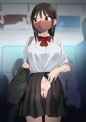 absurdres ass_visible_through_thighs averting_eyes bag bar_censor black_eyes black_hair black_skirt blush bow bowtie breasts brown_mask censored collared_shirt cowboy_shot crowd dress_shirt ear_blush exhibitionism female female_pubic_hair grey_bag highres long_sleeves looking_to_the_side mask medium_breasts miniskirt mouth_mask no_panties nose_blush open_clothes open_skirt original pleated_skirt pubic_hair public_indecency pussy raenoreto red_bow red_bowtie school_bag school_uniform shirt shirt_tucked_in skirt sleeves_pushed_up sweat taut_clothes taut_shirt train_interior white_shirt wing_collar