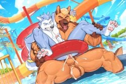 2boys 5_fingers alternate_version_available amusement_park anal anal_knotting anal_sex anthro anthro_on_anthro anthro_penetrated anthro_penetrating anthro_penetrating_anthro balls bard_(canyne_khai) biped bodily_fluids brown_dog_(canyne_khai) canid canine canis canyne_khai claws cloud countershade_face countershade_fur countershading cum cum_in_ass cum_inside cum_while_penetrated cumshot domestic_dog duo_focus ejaculation erection eyebrows fingers fur gay gay_sex genital_fluids genitals german_shepherd glans group hands-free herding_dog humanoid_genitalia humanoid_penis inflatable inner_tube knotting male male/male male_penetrated male_penetrating male_penetrating_male mammal partially_submerged pastoral_dog pawpads penetration penile penile_penetration penis penis_in_ass pink_pawpads public public_nudity public_sex sex tail tongue tongue_out vein veiny_penis water water_park wolf