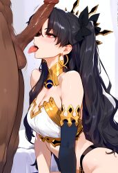 ai_generated black_hair blue_armwear blue_legwear dark-skinned_male fate_(series) female geosan gold_earrings gold_jewelry ishtar red_eyes