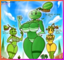 2d 2d_(artwork) 3girls agonywelds ass big_ass big_breasts bigger_female bikini breasts cabbage-pult_(pvz) curvy curvy_figure female femdom glowing kerna lens_flare looking_at_viewer low-angle_view melon_pult meme panties peashooter_(pvz) plant plant_girl plants_vs_zombies pvz striped_panties talking_to_viewer taller_girl text thick_ass thick_thighs thighs thong umbrella_leaf_(pvz) underwear