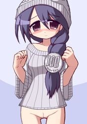 blush bottomless braid hat huge_eyes ikkyuu personification purple_eyes pussy sweater uncensored yen-tan