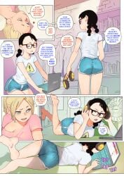 2girls ass barefoot black_hair blonde_hair breasts clothed comic duo english_text female female_only fully_clothed glasses laptop miranda_(norasuko) multiple_girls norasuko pigtails robbie_(norasuko) shorts tagme text yuri