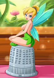 1girls areola background blonde_hair blue_eyes breasts color disney disney_fairies eyelashes eyeliner fairy fairy_wings female flower human jpeg medium_breasts nipples pixie_dust pointy_ears short_hair solo thimble tinker_bell wings