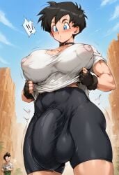 ai_generated black_hair blue_eyes blurry_background bulge crotch_bulge dragon_ball dragon_ball_z futa_only futanari huge_balls huge_breasts huge_cock kunaboto_(style) nipple_bulge penis_bulge short_hair son_gohan videl