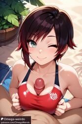 1girl1boy ai_generated beach bikini black_hair blush cheating female grey_eyes gym_uniform large_breasts multicolored_hair omega-weirdo outdoors paizuri patreon red_hair ruby_rose rwby short_hair smile titfuck titjob wink