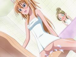 2girls blush censored clown_(artist) cowgirl_position erect_nipples houjou_hibiki minamino_kanade multiple_girls orange_hair precure pretty_cure small_breasts suite_precure towel