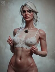 ai_generated bra breasts ciri female green_eyes kepler223 light-skinned_female looking_at_viewer nipples_visible_through_clothing nude scar solo the_witcher_(series) the_witcher_3:_wild_hunt white_hair witcher_medallion