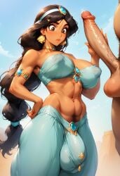 1boy 1futa ai_generated aladdin armpit_hair big_breasts black_hair braided_ponytail breasts brown_eyes bulge crotch_bulge cum erect_penis erection fat_man frenulum futa_armpit_hair futa_with_male futanari hairy_armpits handjob huge_balls huge_cock male_on_futa medium_breasts offscreen_character offscreen_male penis_bulge precum precum_drip princess_jasmine uncut unknown_character