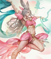 female final_fantasy final_fantasy_xiv grey_hair kassian.art long_hair pink_clothing viera