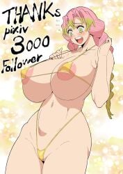 amr areola areolae big_breasts bikini breasts demon_slayer kanroji_mitsuri kimetsu_no_yaiba large_breasts nipples pink_hair skimpy skimpy_bikini yellow_bikini yellow_bikini_bottom yellow_bikini_top