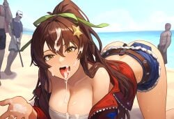 ai_generated all_fours amy_(another_eden) another_eden beach big_ass big_breasts brown_eyes brown_hair cum cum_in_hair cum_in_mouth cum_on_breasts cum_on_face green_ribbon nai_diffusion