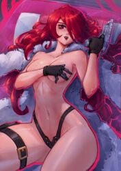 1girls bed black_thong breasts coat covering_breasts female_only fur_coat gloves gun_holster hair_over_one_eye hatidraw holster long_hair looking_at_viewer lying_down mitsuru_kirijo navel nude panties persona persona_3 persona_4_arena pistol red_eyes solo solo_female tagme thick_thighs thighs thong