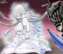 1girls 2024 blue_eyes blush claws gijinka godzilla_(series) godzilla_x_kong:_the_new_empire humanized kaiju kaiju_girl king_kong_(series) kinkuri monster_girl monsterverse scales shimo_(kaiju) skar_king tagme white_hair