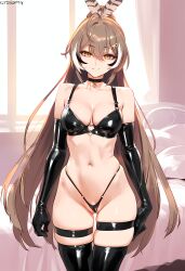 ai_generated arm_length_gloves big_breasts black_armwear black_legwear brown_hair female female_only geosan golden_eyes high_heels hololive hololive_english latex latex_gloves latex_thighhighs nanashi_mumei virtual_youtuber