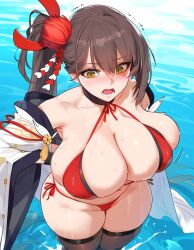 1girls ai_generated azur_lane beach big_breasts bikini blush breasts brown_hair female female_focus female_only green_eyes huge_ass huge_breasts large_breasts looking_at_viewer ocean open_mouth side_ponytail swimsuit thick_thighs thighs zuikaku_(azur_lane)