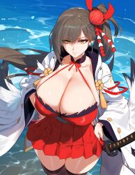 1girls ai_generated azur_lane big_breasts black_legwear breasts brown_hair enormous_breasts female female_focus female_only hair_ornament huge_breasts large_breasts looking_at_viewer red_dress side_ponytail thick_thighs thighs yellow_eyes zuikaku_(azur_lane)