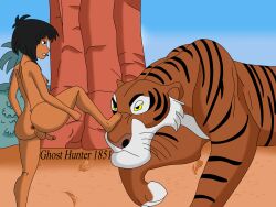 1boy anus anus_peek black_hair completely_nude completely_nude_male dark-skinned_male dark_skin feet_on_face feet_up forest ghosthunter1851(artist) male_only mowgli penis perineum shere_khan testicles the_jungle_book tiger young