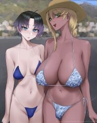 2024 2futas bikini breast_size_difference breasts bulge clothed clothing dark-skinned_futanari dark_skin dickgirl flaccid fullta futa_only futanari gyaru hat huge_breasts human ikemeru19 large_breasts light-skinned_futanari light_skin mostly_nude penis penis_size_difference purple_hair short_hair small_penis standing thick_thighs wide_hips