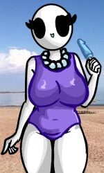 alternate_version_available bald bald_female beach big_breasts black_eyes chetoh claire_(chetoh) egg female ice_cream necklace oc original original_character purple_swimsuit real_background smile smiling smiling_at_viewer swimsuit white_body