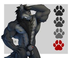 5:4 absurd_res animal_genitalia anthro canid canine canine_teeth canis ear_piercing firezol fluffy_chest genitals hi_res iidarkwolfgamer male male_focus male_only mammal muscular muscular_anthro muscular_male neck_tuft nude penis piercing sheath solo tuft wolf